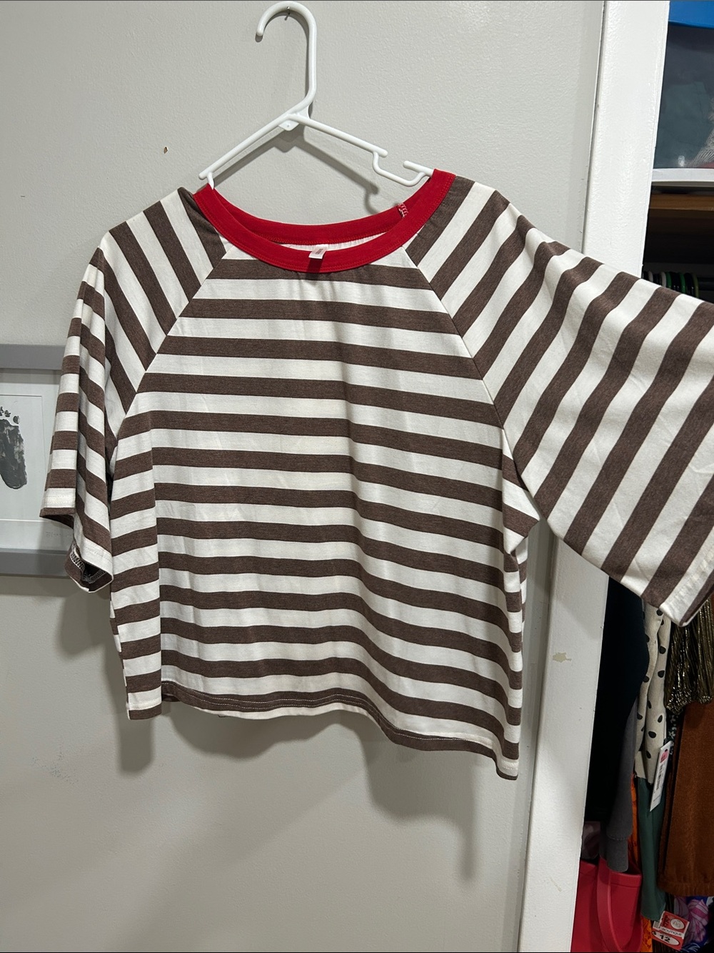 Striped Brown & White Short-Sleeve Tee with Red Crew Neck